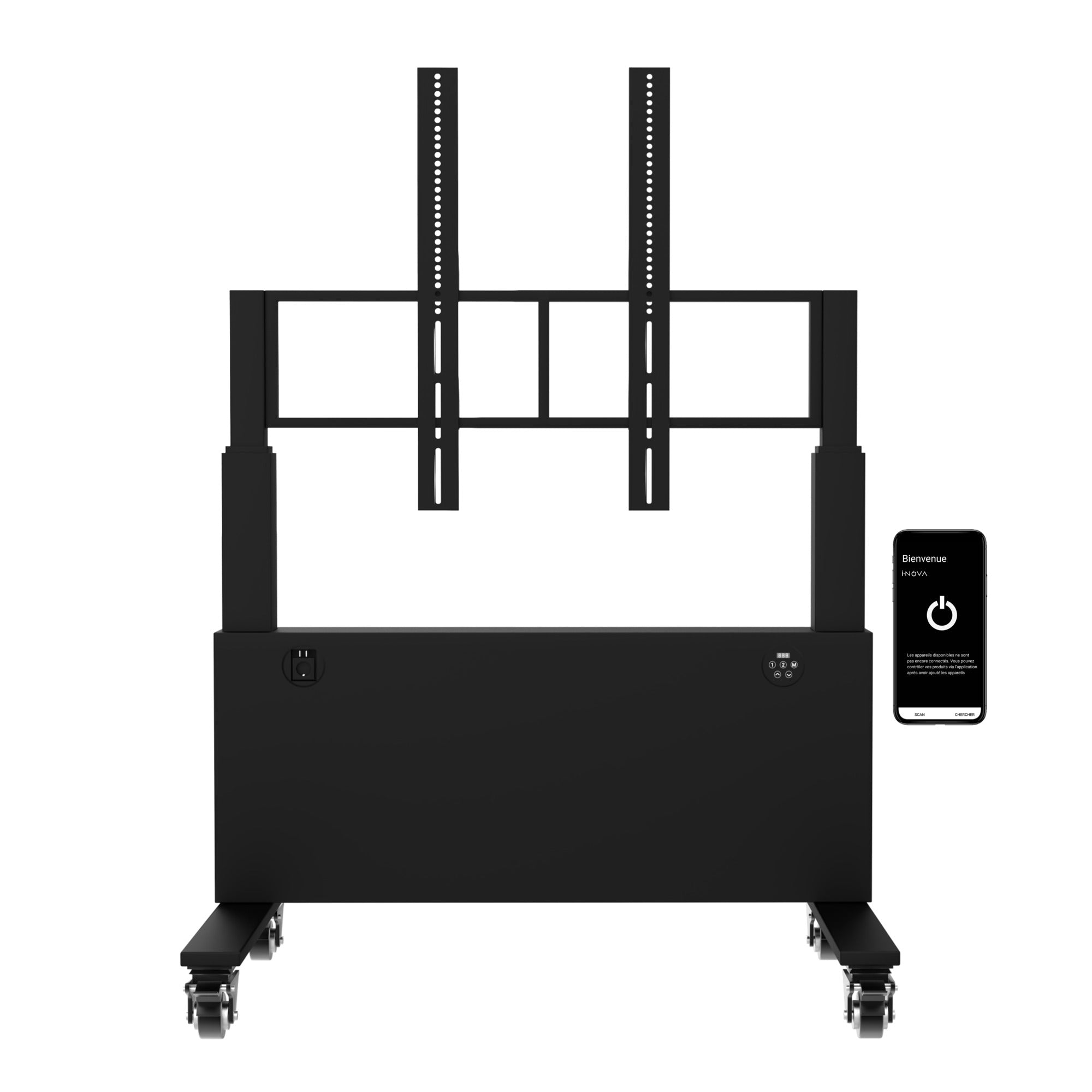 support mobile motorisé pour écran tv 100 pouces, support tv roulettes, support tv mobile roulette, meuble tv  roulette, chariot tv motorisé, support ascenseur tv 100 pouces, support tv écran interactif