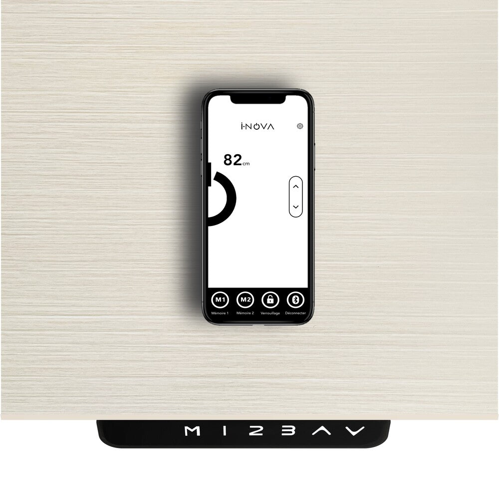 Plateau de bureau mdf bois clair, Bureau assis debout reglable en hauteur electrique, bureau debout, bureau ergonomique, bureau motorisé, bureau connectée app, pietement cadre assis debout